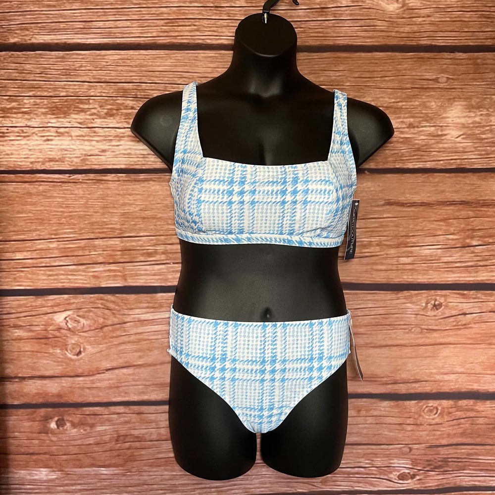 Swimsuit 2 Piece L Aqua Couture Blue White Bikini Shepard Check Hipster NWT